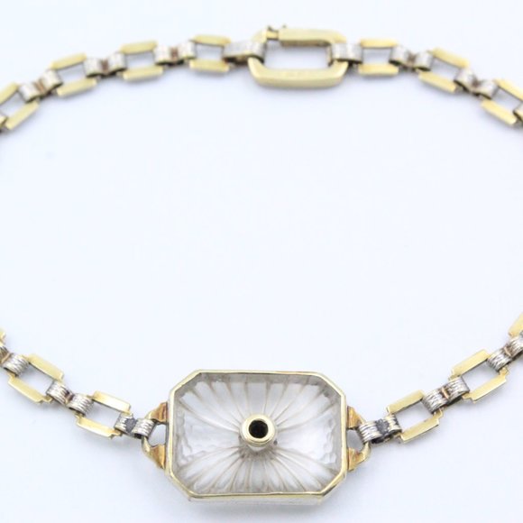 Antique Art Deco Platinum Diamond 14K Gold Frosted Rock Quartz Crystal Bracelet - Picture 12 of 16
